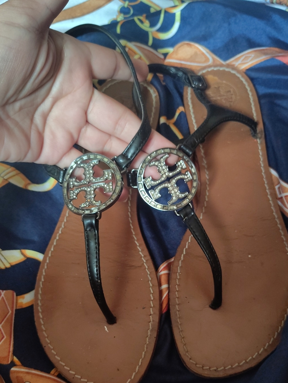 Tory Burch Black Leather Logo Thong Sandals with Crystal Emblem